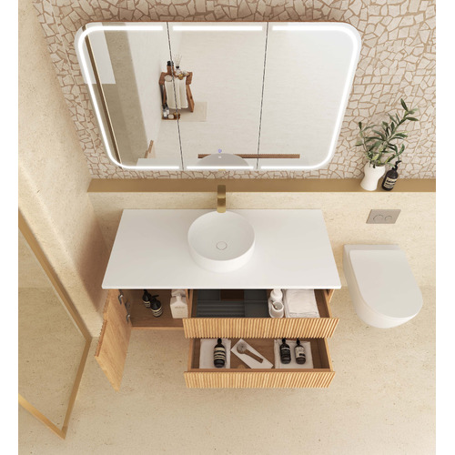 Byron Fluted 1200mm Woodland Oak Wall Hung Single Vanity with Countertop