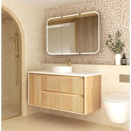 Byron Fluted 1200mm Woodland Oak Wall Hung Single Vanity with Countertop