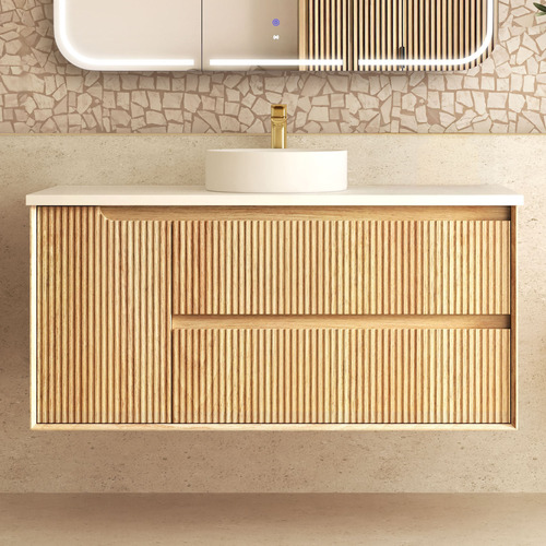 Byron Fluted 1200mm Woodland Oak Wall Hung Single Vanity with Countertop