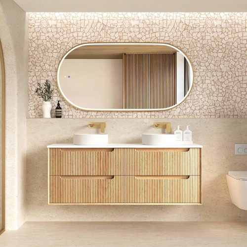 Byron Fluted 1500mm Woodland Oak Wall Hung Double Vanity with Countertop