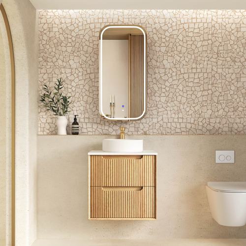 Byron Fluted 600mm Woodland Oak Wall Hung Single Vanity with Countertop