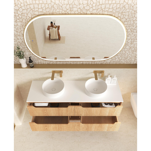 Byron Fluted 1200mm Woodland Oak Wall Hung Double Vanity with Countertop