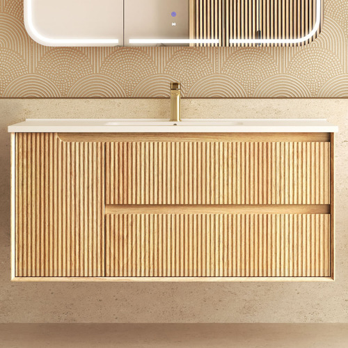 Byron Fluted 1200mm Woodland Oak Wall Hung Single Vanity with Ceramic Countertop