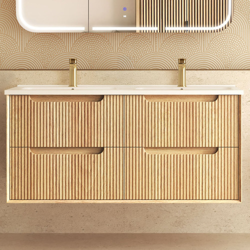 Byron Fluted 1200mm Woodland Oak Wall Hung Double Vanity with Ceramic Countertop