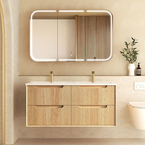 Byron Fluted 1200mm Woodland Oak Wall Hung Double Vanity with Ceramic Countertop