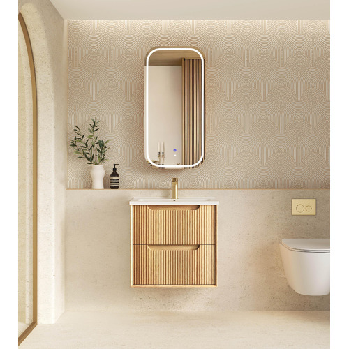 Byron Fluted 600mm Woodland Oak Wall Hung Single Vanity with Ceramic Countertop