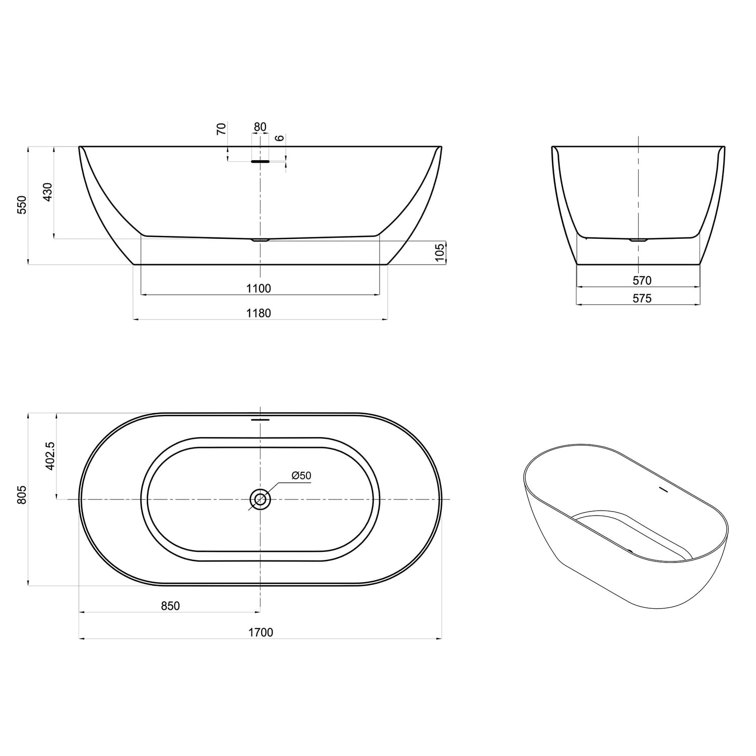 Manolo Acrylic Freestanding Bath with Overflow