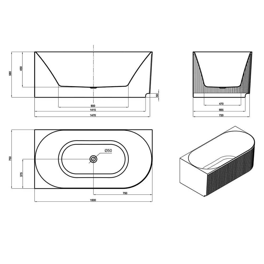 Havana Oval Acrylic Left Hand Corner Bath with Overflow