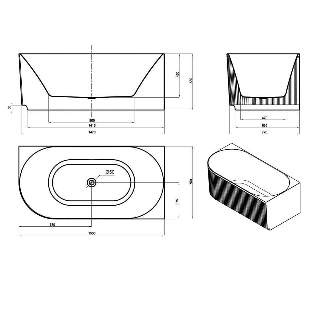 Havana Oval Acrylic Right Hand Corner Bath with Overflow
