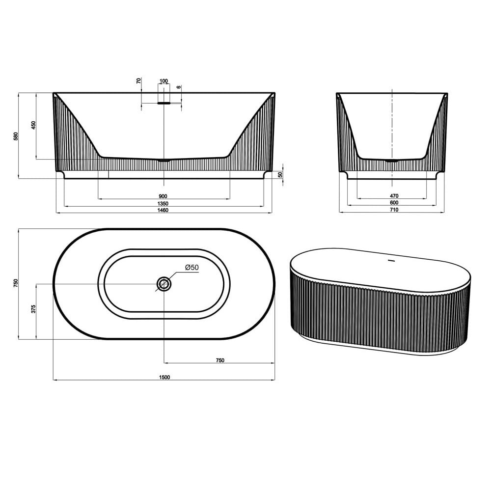 Havana Oval Acrylic Freestanding Bath with Overflow