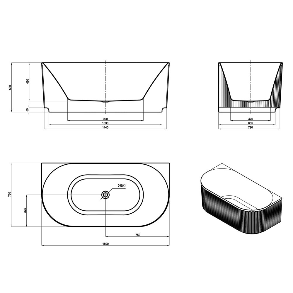 Havana Oval Acrylic Back to Wall Bath with Overflow