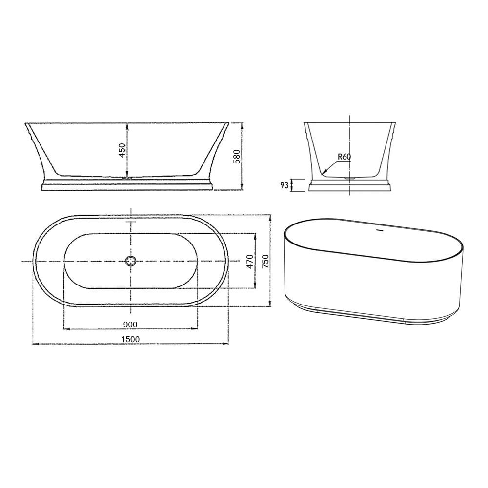 Hampton Gloss White Oval Acrylic Freestanding Bath with Overflow