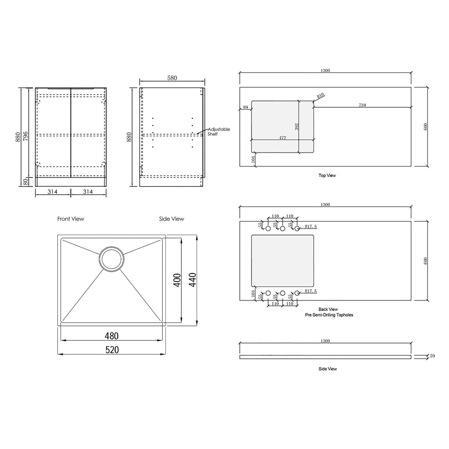 Havana 1300mm Sable Walnut Laundry Tub and Cabinet with Solid Surface Countertop