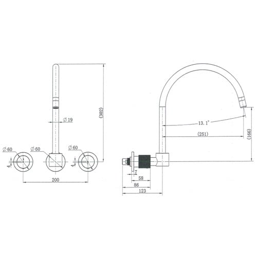 3 Piece Carter Wall Spout & Kitchen Mixer Tap Set