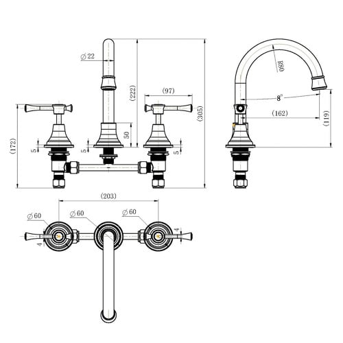 3 Piece Round Basin Spout & Bell Mixer Set