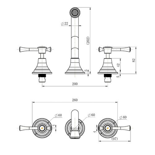 3 Piece Della Wall Basin Spout & Tap Set