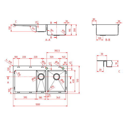 One & Quarter Round Corner Kitchen Sink