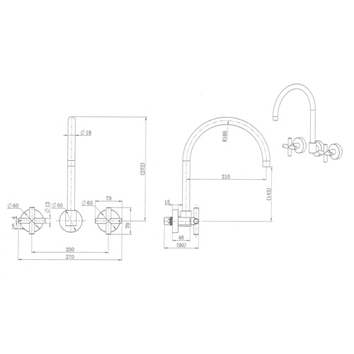 Rounded 3 Piece Ryker Spout & Wall Mixer Tap Set
