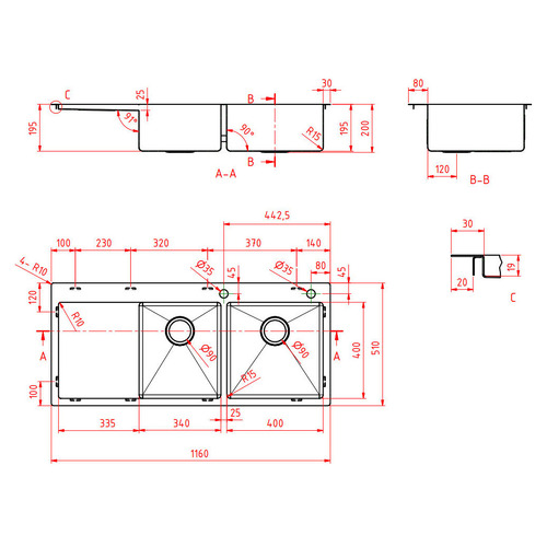 One & Three Quarters Round Corner Kitchen Sink