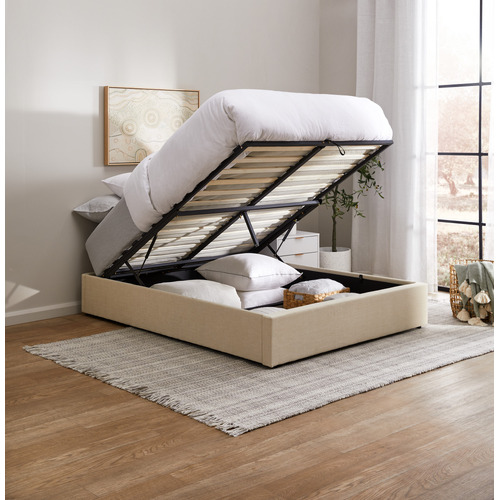 LivingFusion Beige Aldan Gas Lift Storage Bed Base Temple & ster