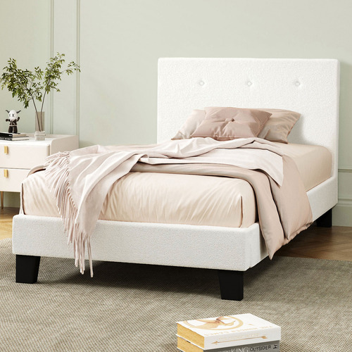 LivingFusion White Quiton Boucle Platform Bed | Temple & Webster