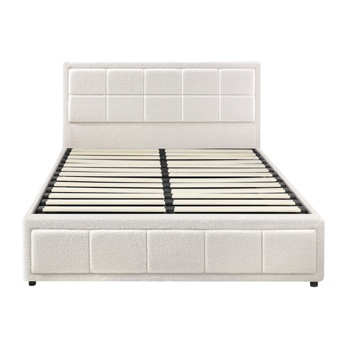 White Reese Boucle Gas Lift Storage Bed Frame