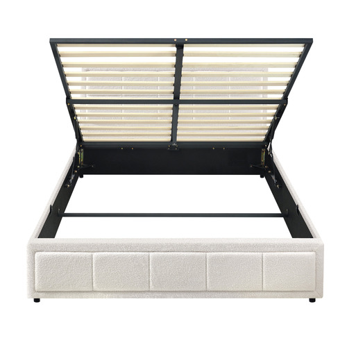 White Reese Boucle Gas Lift Storage Bed Frame