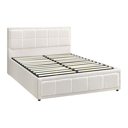 White Reese Boucle Gas Lift Storage Bed Frame