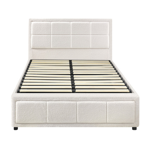 White Reese Boucle Gas Lift Storage Bed Frame