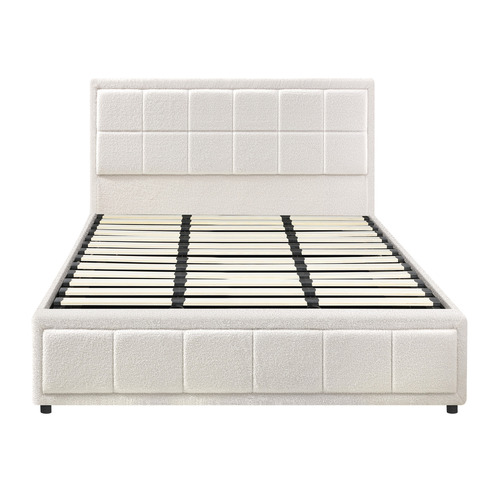 White Reese Boucle Gas Lift Storage Bed Frame