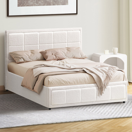 White Reese Boucle Gas Lift Storage Bed Frame