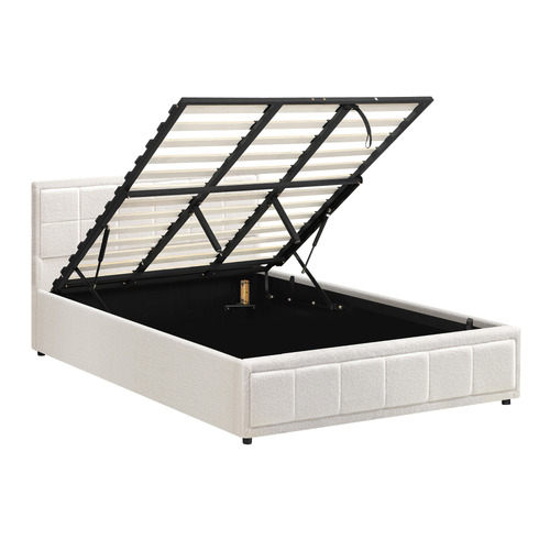 White Reese Boucle Gas Lift Storage Bed Frame