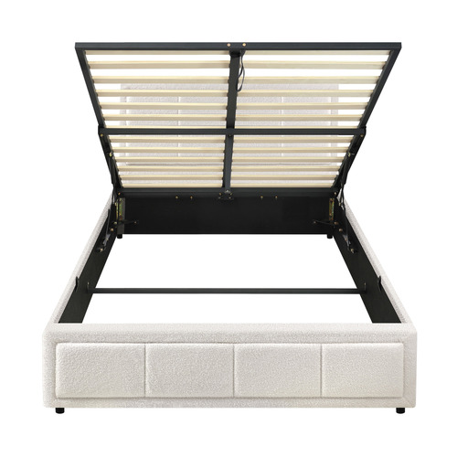 White Reese Boucle Gas Lift Storage Bed Frame