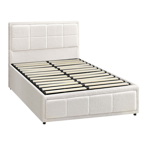 White Reese Boucle Gas Lift Storage Bed Frame