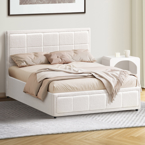 White Reese Boucle Gas Lift Storage Bed Frame