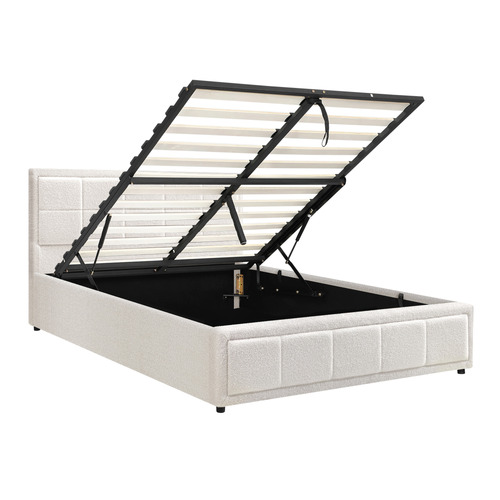 White Reese Boucle Gas Lift Storage Bed Frame