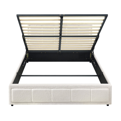 White Reese Boucle Gas Lift Storage Bed Frame