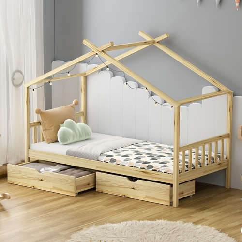 Kids' Alec Pine Wood House Single Bed with Storage Drawer