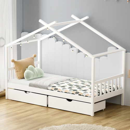 Kids' Alec Pine Wood House Single Bed with Storage Drawer