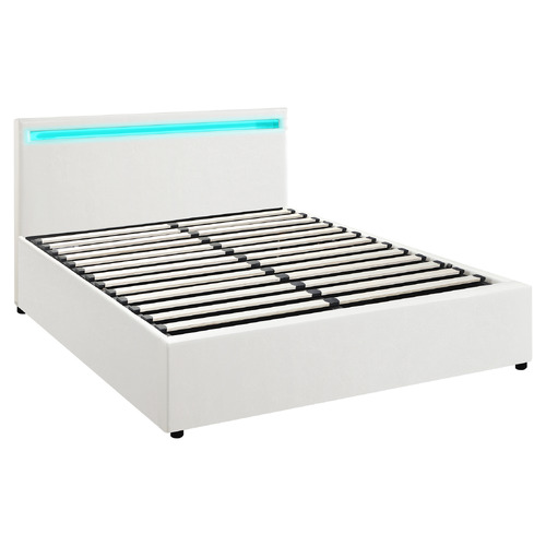 White Colson Faux Leather Gas Lift Bed with LED
