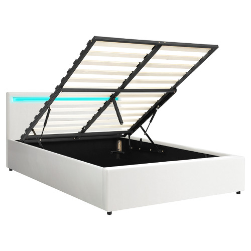 White Colson Faux Leather Gas Lift Bed with LED