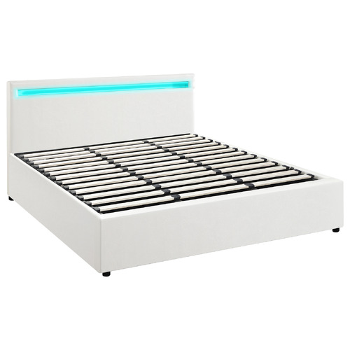 White Colson Faux Leather Gas Lift Bed with LED