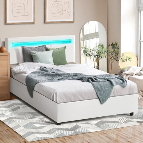 White Colson Faux Leather Gas Lift Bed with LED