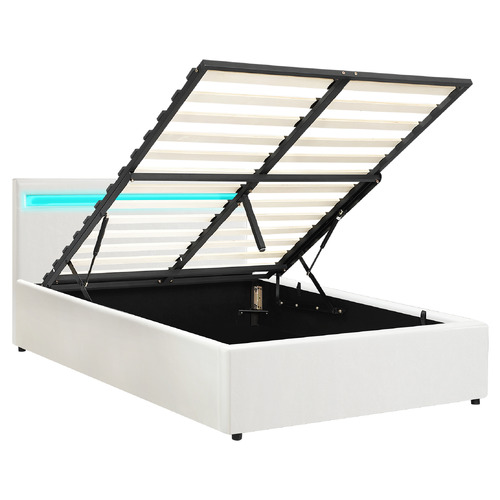 White Colson Faux Leather Gas Lift Bed with LED