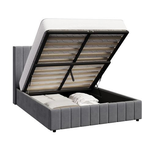 Grey Meier Velvet Gas Lift Storage Bed Frame