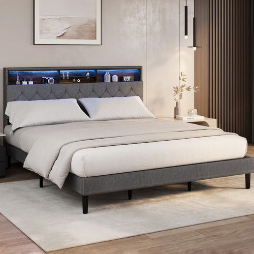 Crosby Upholstered Bed with Storage Headboard & LED