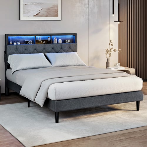 Crosby Upholstered Bed with Storage Headboard & LED