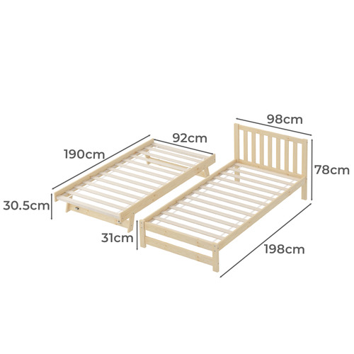 Yesenia Pine Wood Single Bed with Trundle