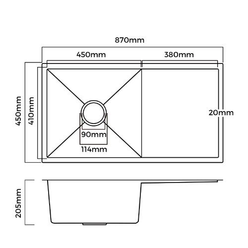 Aysel 870mm Single Kitchen Sink with Drainer