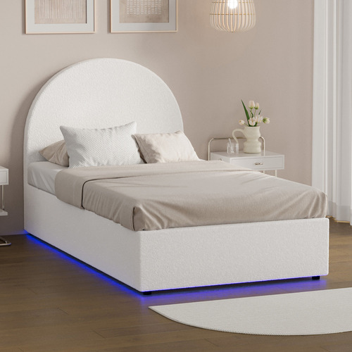 White Persephone Boucle Gas Lift Bed with LED